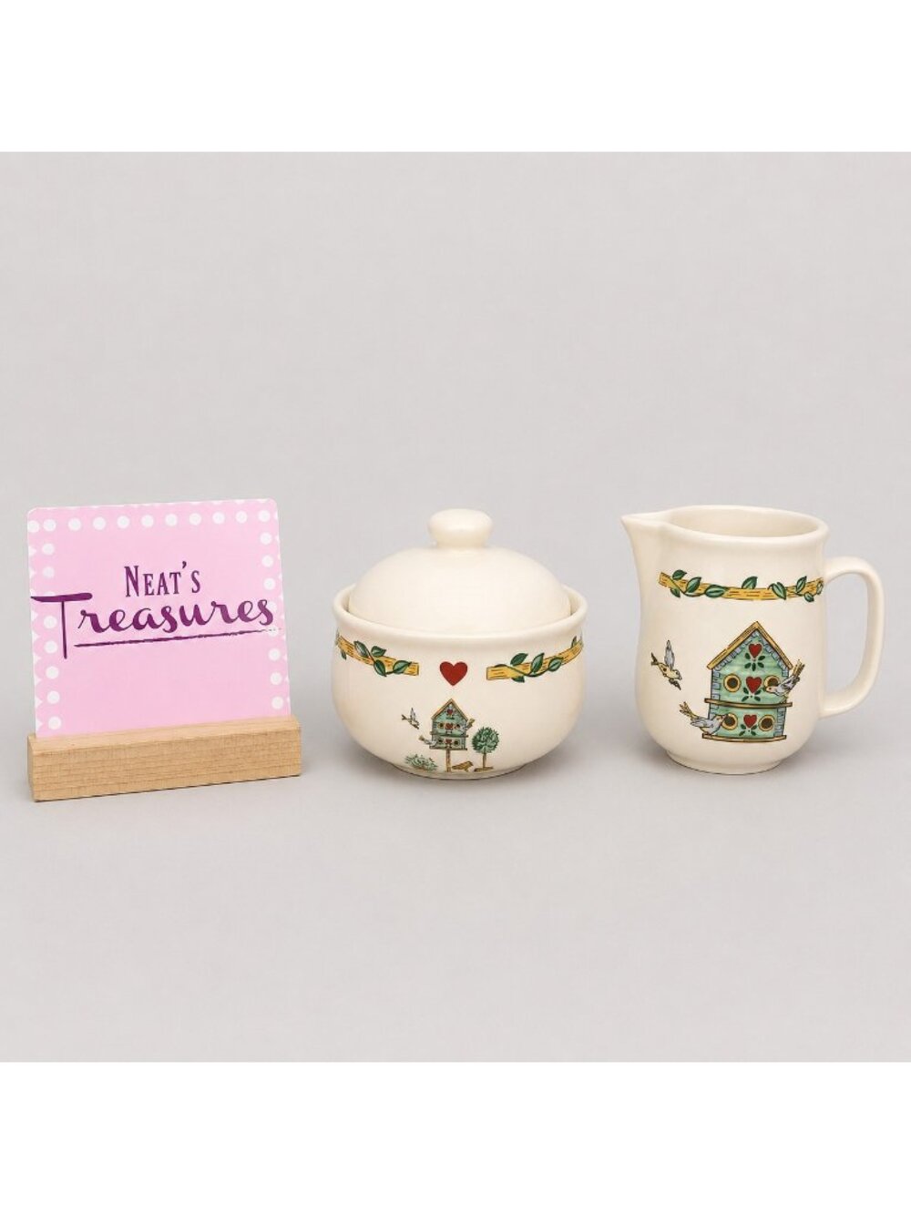 Thomson Pottery BIRDHOUSE Heart Vine Border Stoneware Sugar Bowl & Creamer Set